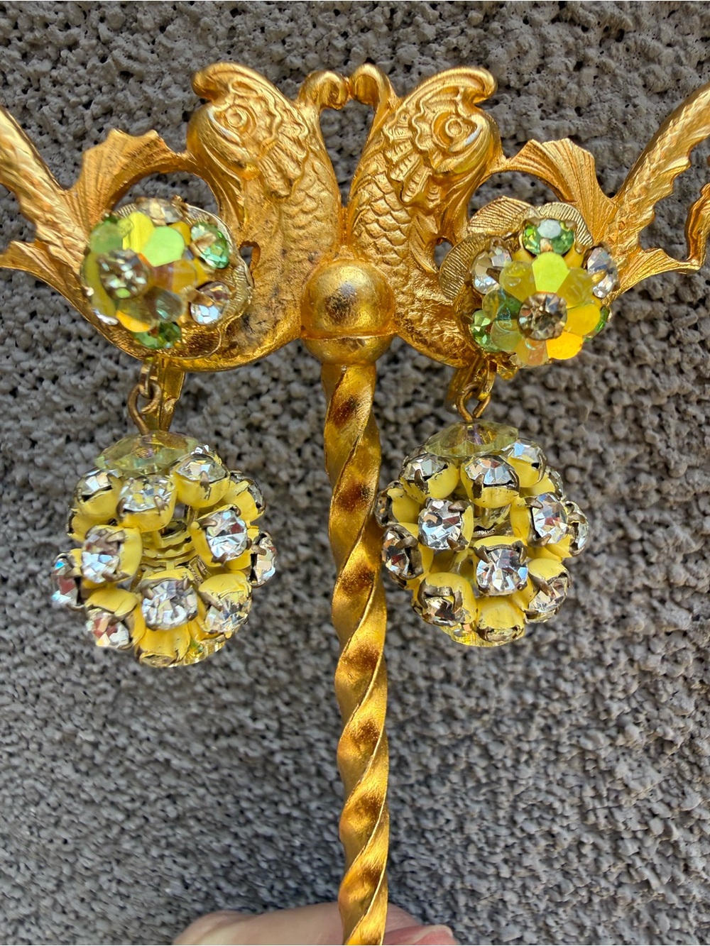 Vintage Austrian Crystal Dangle Clip On Earrings Gold Tone Yellow Orb Cluster